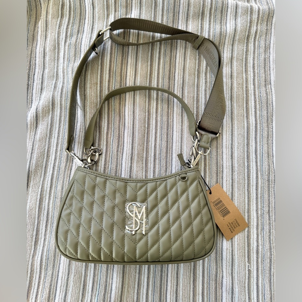 Steven madden belodie Crossbody Purse Light Olive Green Quilted Logo Strap New
